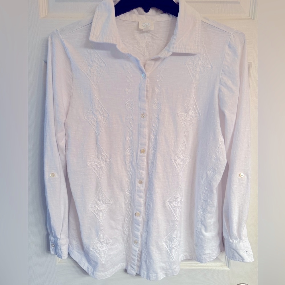 Sigrid Olsen White 100% Cotton Embroidered Blouse clean beautiful cotton